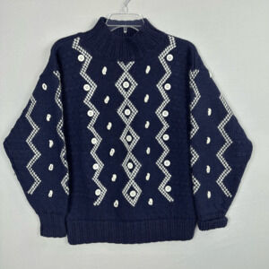 Nordstrom Women’s Wool Sweater Medium Navy Blue White Zigzags And Buttons